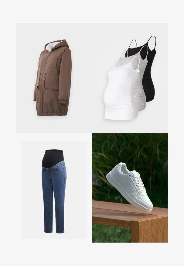 Hnedá vypchávková bunda so zipsom vpredu, sťahovacím pásom a kapucňou. Obsahuje dva predné vrecká a mäkkú, štruktúrovanú vnútornú podšívku.; Tričko s dlhým rukávom pre tehotné ženy v bielej, šedej a čiernej farbe. Elastický materiál s nastaviteľnými ramienkami a zberanými bočnými švami pre pohodlie.; Tehotenské jeansy s modrými denimovými nohavicami a čiernym elastickým brušným panelom navrhnuté na podporu a pokrytie rastúceho brucha.; Biele tenisky s hladkým syntetickým zvrškom, perforovanou špičkou, plochými šnúrkami a textúrovanou podrážkou, vystavené na drevenej ploche.
