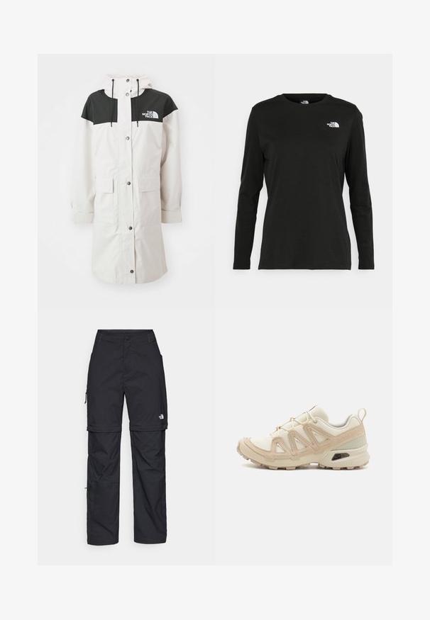 Biela nepremokavá parka s čiernou hornou časťou, dvoma prednými vreckami, nastaviteľnou kapucňou a logom na hrudi.; Čierne tričko s dlhým rukávom vyrobené z bavlny s okrúhlym výstrihom. Obsahuje malé biele logo na ľavej strane hrudníka. Jednoduchý dizajn a strih.; Čierne nylonové cargo nohavice s odnímateľnými nohavicami, nastaviteľnými manžetami, viacerými vreckami a logom na pravej nohe. Hladká, ľahká textúra.; Beige a krémová športová obuv s textúrovaným sieťovým zvrškom, podporujúcimi prekrytiami a gumovou podrážkou s dezénom pre trakciu.