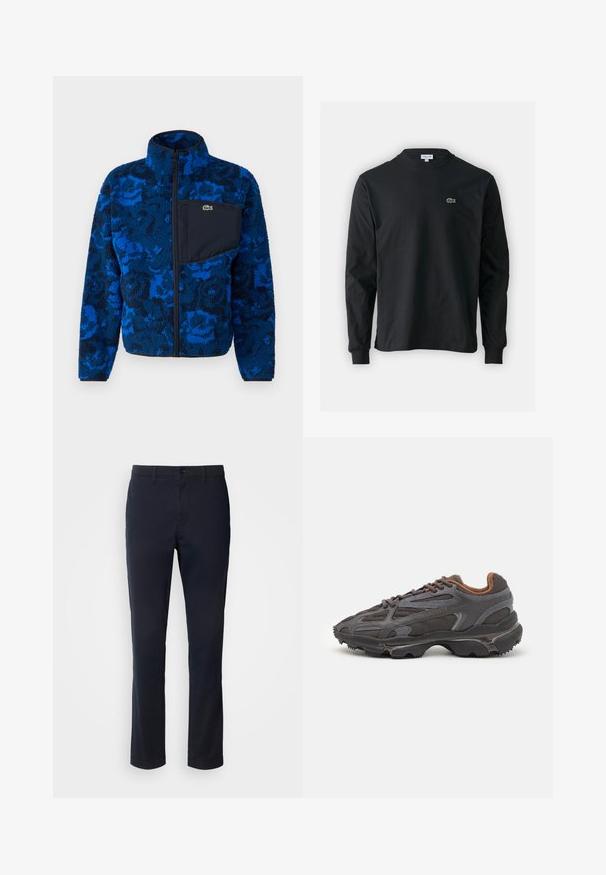 Lacoste Overgangsjakke - globe/navy blue/lazuli; Sort langærmet t-shirt lavet af bomuld, med rund halsudskæring og et lille grønt broderet krokodillelogo på venstre bryst.; Marineblå bukser lavet af glat stof, der har et lige ben-design, bælteløkker og en knaplukning med lynlås.; Lacoste sneakers i mørkegrå med mesh og syntetisk materiale, udstyret med en tekstureret sål og brune accenter på kraven og brandingen.