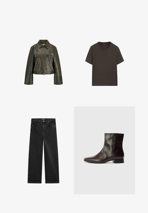 Giacca in pelle marrone scuro invecchiata con zipper frontale completo, ampio colletto e maniche lunghe con polsini leggermente svasati.; T-shirt corto marrone scuro in cotone. Presenta un collo tondo e una vestibilità comoda, senza motivi o accenti visibili.; Jeans in denim nero a gamba larga con un sottile motivo a righe verticali, dotati di cinque tasche e una chiusura a bottone classica in vita.; Stivaletto alla caviglia in pelle marrone con punta appuntita, texture liscia, tacco medio e design semplice. Stile minimalista senza decorazioni.