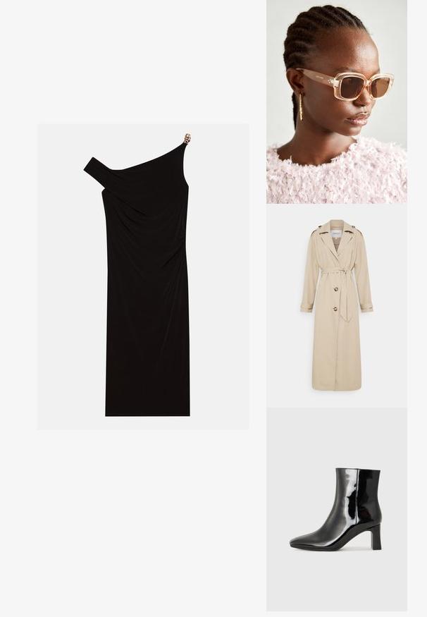 Beige trenchcoat med belte i midjen, lange ermer og doble frontknapper. Har epauletter på skuldrene og rett kant.; Svart en-skulder kjole laget av drapert stoff med en gyllen detalj på skulderen, glatt tekstur og kne-lengde design.; Sorte patentlær ankle boot med spiss tå og en mellomhøy blokkhelt. Glatt tekstur og minimalistisk design.; Beige oversized solbriller med klar ramme og brune tonede linser, med subtile blomsterdetaljer og dristig, geometrisk design.