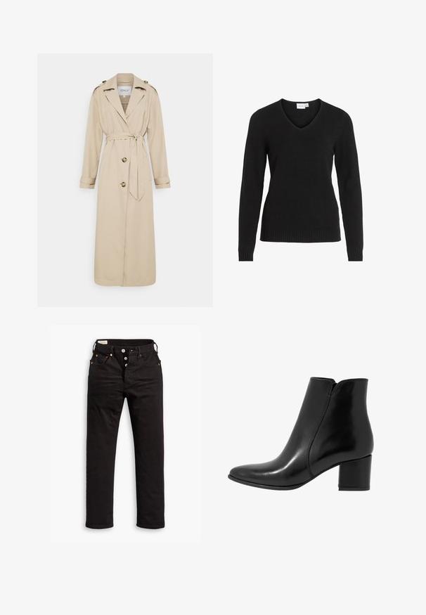 Beige trench coat, övvel a derékon, hosszú ujjal és dupla elülső gombbal. Vállpántokkal rendelkezik a vállakon és egyenes szegéllyel.; Fekete V nyakú pulóver puha anyagból, hosszú ujjaival, bordás aljjal és mandzsettákkal, egyszerű és klasszikus dizájnnal.; Fekete, egyenes szárú farmernadrág gombos záródással, elülső és hátsó zsebekkel, valamint réz szegecs részletekkel fehér háttéren.; Anna Field LEATHER - Klasszikus bokacsizmák - black