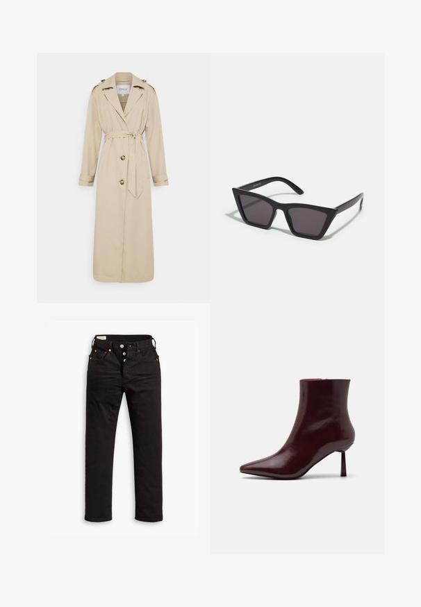 Beżowy trencz z paskiem w talii, długimi rękawami i podwójnymi guzikami z przodu. Posiada epoletki na ramionach i prosty dół.; Czarny sweter V-neck z miękkiego materiału, z długimi rękawami, ribbowym dołem i mankietami, o prostym i klasycznym wzorze.; Czarne dżinsy o prostych nogawkach z zapięciem na guziki, kieszeniami z przodu i z tyłu oraz miedzianymi nitami na białym tle.; Burgundowe lakierowane botki za kostkę z ostrym noskiem i smukłym obcasem w szpilkę, charakteryzujące się gładką, błyszczącą teksturą i minimalistycznym designem.; Czarne, kanciaste okulary przeciwsłoneczne z szarymi soczewkami; wykonane z plastiku, z grubymi zausznikami o gładkiej powierzchni i bez widocznych elementów metalowych.