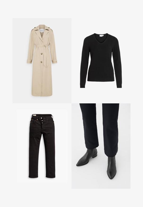 Beige trench coat, övvel a derékon, hosszú ujjal és dupla elülső gombbal. Vállpántokkal rendelkezik a vállakon és egyenes szegéllyel.; Fekete V nyakú pulóver puha anyagból, hosszú ujjaival, bordás aljjal és mandzsettákkal, egyszerű és klasszikus dizájnnal.; Fekete, egyenes szárú farmernadrág gombos záródással, elülső és hátsó zsebekkel, valamint réz szegecs részletekkel fehér háttéren.; Fekete bőr bokacsizma hegyes orral, tömbsarkúval és texturált oldalsó panelekkel, sötét nadrággal viselve, fehér háttér előtt.
