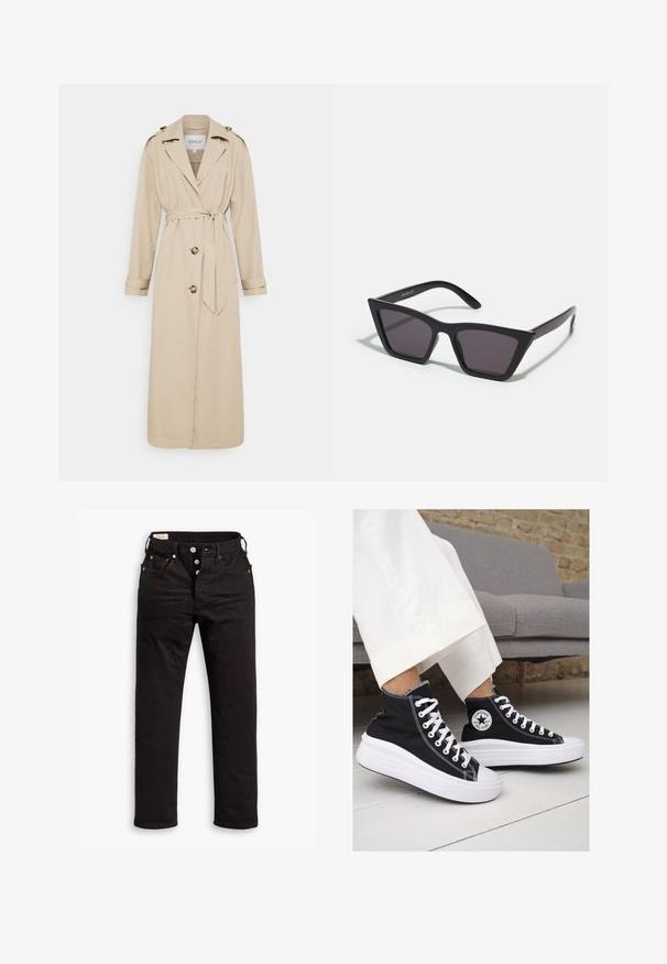 Manteau beige à ceinture à la taille, manches longues et double boutonnage à l'avant. Dispose d'épaulières aux épaules et d'un ourlet droit.; Pull noir en V en tissu doux, avec des manches longues, un ourlet et des poignets côtelés, au design simple et classique.; Jean noir à jambe droite avec fermeture à boutons, poches avant et arrière, et détails en rivets cuivrés sur fond blanc.; Baskets montantes en toile noire avec semelles et lacets en caoutchouc blanc. Elles présentent un logo circulaire sur le côté et un contraste de coutures blanches.; Lunettes noires angulaires avec des verres gris ; fabriquées en plastique, avec des branches épaisses à la surface lisse et sans matériel visible.