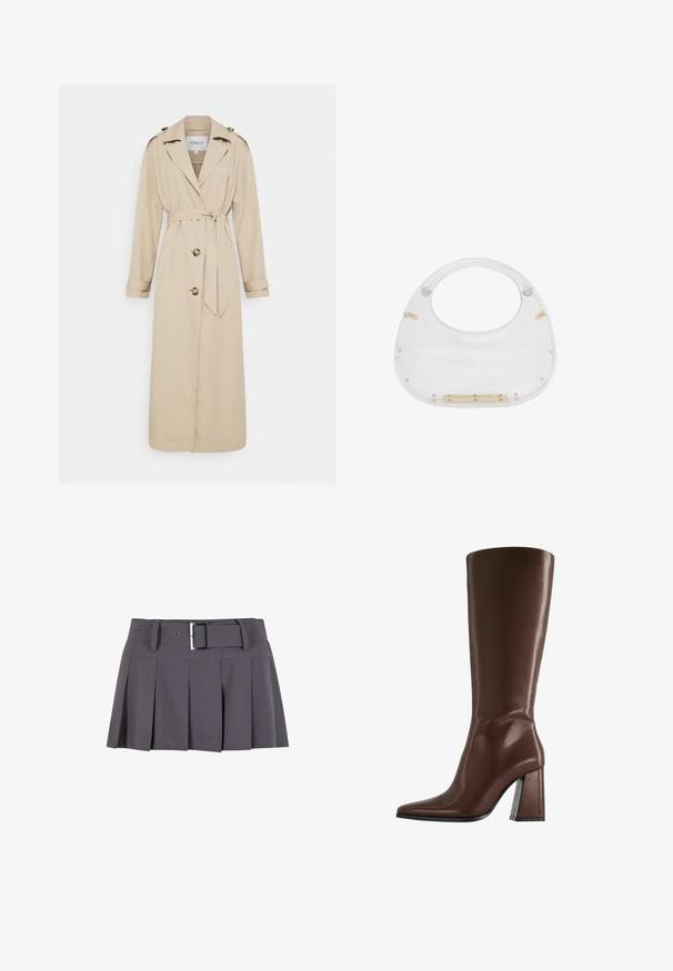 Beige Trenchcoat mit tailliertem Gürtel, langen Ärmeln und doppelten Vorderknöpfen. Verfügt über Schulterklappen und einen geraden Saum.; Ärmelloses, hellgrünes Oberteil aus glattem Stoff, mit hohem Kragen und taillierter Silhouette. Keine sichtbaren Beschläge oder Muster.; Grauer plissierter Minirock mit glatter Textur, ausgestattet mit einem breiten Bund, Gürtelschlaufen und einem rechteckigen Detail in Silber mit Schnalle.; Brauner kniehoher Lederstiefel mit spitzer Zehe und klobigem mittelhohem Absatz, Seitenansicht vor weißem Hintergrund.; Transparente Acryltasche mit abgerundetem oberen Teil und offenem Griff. Mit goldenen Hardwaredetails und einer glatten, polierten Oberfläche ausgestattet.