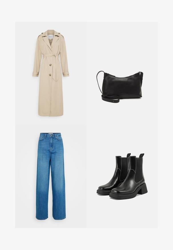 Šviesiai rudos spalvos tranšėja su diržu juosmens srityje, ilgomis rankovėmis ir dvejomis priekinėmis mygtukų užsegimo. Įrengta petnešos ant pečių ir tiesiu apdaila.; Balta ilgomis rankovėmis palaidinė su šonkauliuotu tekstūru. Yra subtilus raukinys aplink kaklo ir rankovių kraštą. Paprastas, prigludęs dizainas.; Mėlynos aukšto juosmens plačios džinsinės kelnės su priekyje esančia sagčia ir užtrauktuku, priekinėmis ir galinėmis kišenėmis, bei siūlėmis ant baltos fono.; Juodos odinės Chelsea botai su storiu kulnu, elastinėmis šoninėmis panelėmis ir kontrastinga balta siūle. Tekstūruota apdaila.; Juodas odinis petinis krepšys su lygiu paviršiumi, išlenkta forma, reguliuojama dirželiu ir užtrauktuku. Minimalistinis dizainas be puošmenų.