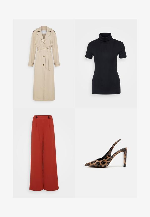 Palton bej cu talie mulată, mâneci lungi și două butoane frontale. Prezintă epoleți pe umeri și un tiv drept.; Top negru din tricot cu guler înalt, mâneci scurte, design mulat, textură moale, cusături minime.; Pantaloni evazați dintr-un material de un roșu-portocalie profund. Prezintă două plissuri frontale și două butoane pe talie. Textură netedă, design confortabil.; Pantof cu toc înalt, cu imprimeu leopard, cu vârf ascuțit și toc transparent. Fabricat dintr-un material lucios, cu o textură netedă.