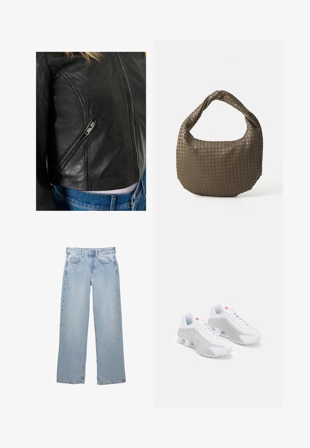 Svart läderjacka med en kroppsnära design, med en diagonalt placerad dragkedjeficka och framträdande stickningsdetaljer. Denimjeans syns nedan.; Två ärmlösa linnen: ett vitt med ribbad textur och ett ljusgrått med subtilt melerat mönster. Båda har rund halsringning.; Ljusblå denim byxor med vid bendesign, featuring en knapp- och dragkedjestängning, fem fickor och minimala sömnadsdetaljer.; Vita löparskor med grå accenter, som har en texturerad ovandel, perforeringar för ventilation och en segmenterad häl för dämpning.; Vävd olivgrön handväska med rund form och vriden handtag. Texturerad yta har ett diagonalt mönster. Dragkedjestängning.