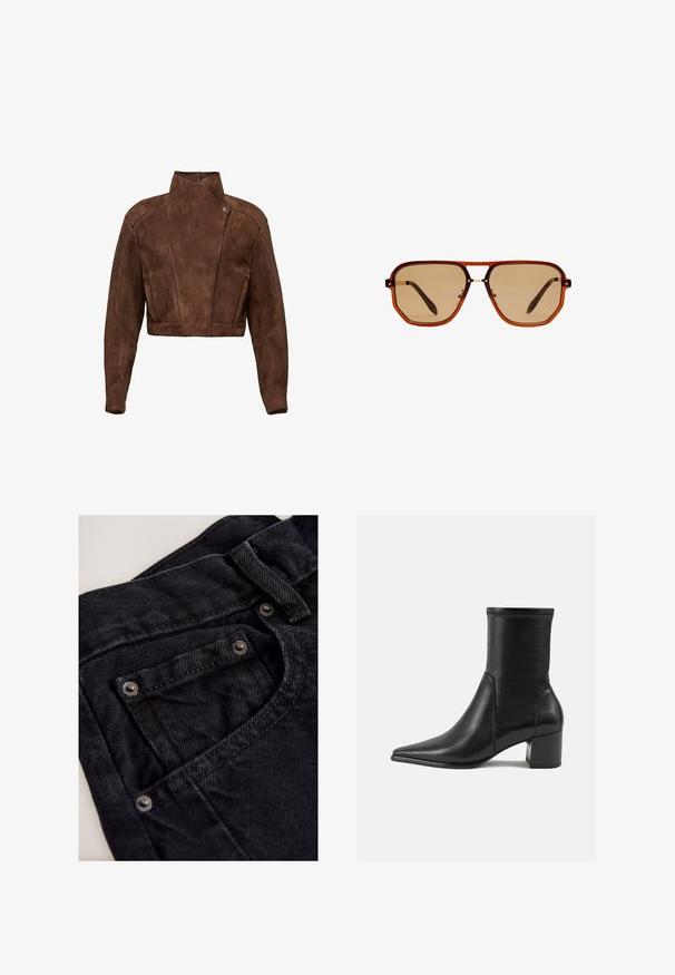 Brun ruskind cropped jakke med høj krave, asymmetrisk lukning og syninger, der giver struktur.; Sort turtleneck sweater med lange ærmer, lavet af et glat strikstof. Har en tætsiddende overdel og ribbede manchetter og kant.; Sorte denimbukser med en høj talje, der har en lille frontlomme, metaldetaljer og en struktureret stofoverflade.; Sorte ankelstøvler lavet af glat læder, med spids tå, en blokhæl og markant hævet syning ved den øverste kant.; Brune oktagonale solbriller med en gennemsigtig amber-ramme og brune tonede linser. Har et metalaccent ved næsestykket og slanke stængler.