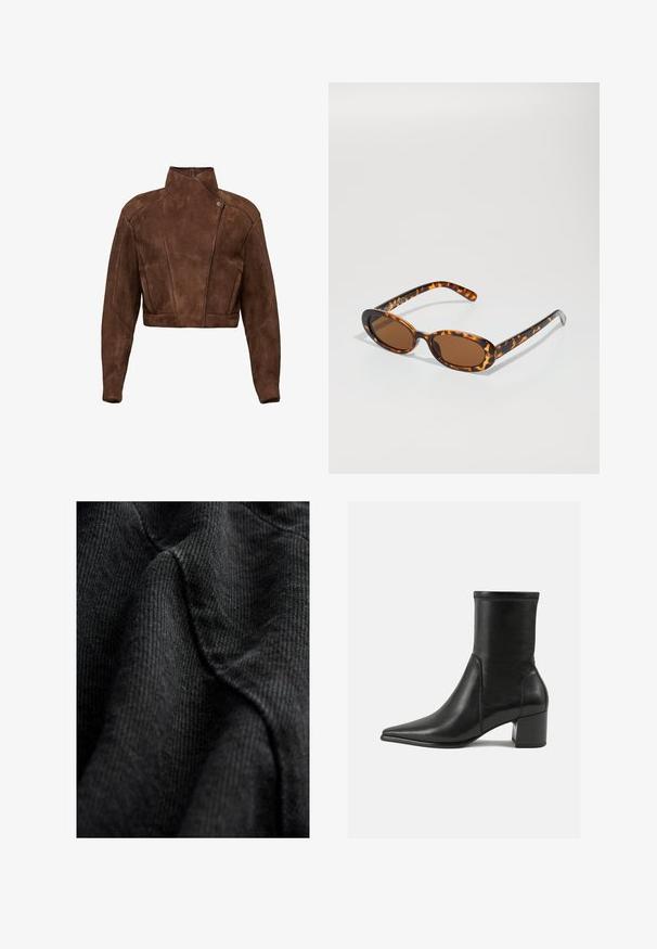 Giacca cropped in suede marrone con colletto alto, dettaglio di chiusura asimmetrica e cuciture decorative per una struttura definita.; Maglione a collo alto nero con maniche lunghe, realizzato in un tessuto a maglia liscia. Presenta un corpetto attillato e polsini e orlo a costine.; Tessuto nero testurizzato con un motivo intrecciato, mostrando linee morbide e lisce e una leggera lucentezza, disposto in modo da evidenziare contorni e profondità.; Stivale alla caviglia nero in pelle liscia, con punta appuntita, tacco a blocco e cuciture raccolte distintive lungo il bordo superiore.; Occhiali da sole tartaruga con montatura ovale, lenti marroni e astine nere sottili con accenti di pattern discreti.; Borsa a tracolla in pelle nera con un design curvo, dotata di una chiusura in metallo dorato e logo in rilievo sulla parte anteriore. Superficie testurizzata.