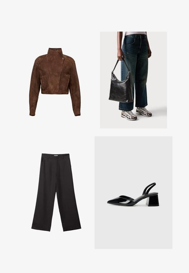Brun ruskind cropped jakke med høj krave, asymmetrisk lukning og syninger, der giver struktur.; Sort striktrøje med lange ærmer, polstrede skuldre og ribkantede manchetter og kant, vist mod en hvid baggrund.; Sorte bukser med vidde, lavet af glat stof, med en frontlynlås og to sidelommer, i en skræddersyet pasform og minimalistisk design.; Sorte patentlæder slingback hæle med spids tå og en geometrisk blok hæl. Har et elegant, minimalistisk design og en glat tekstur.; Sort læder skuldertaske med en glat tekstur og justerbar skulderrem, parret med faded brede bukser og atletiske sneakers.
