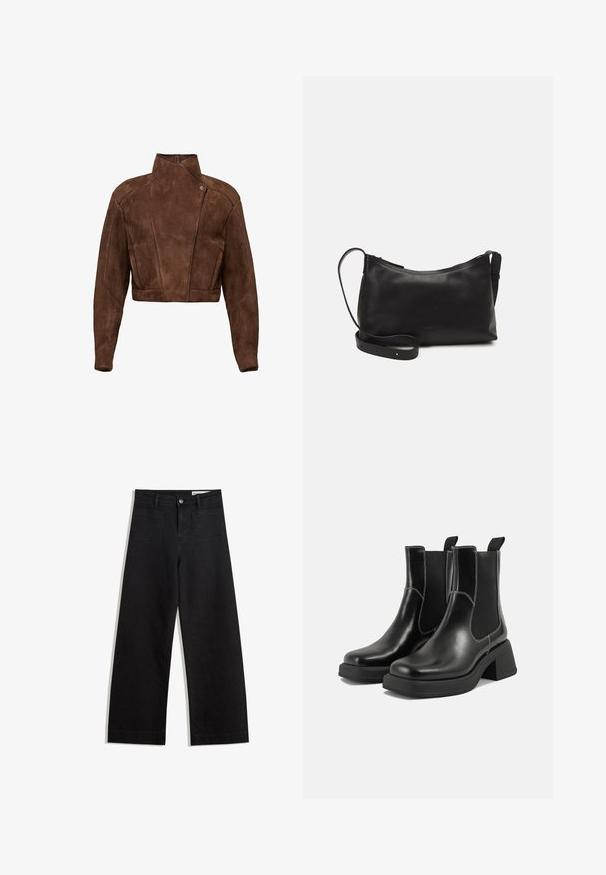 Brun ruskind cropped jakke med høj krave, asymmetrisk lukning og syninger, der giver struktur.; Sæt med to langærmede toppe i hvid og sort. Ribbet tekstur, rund halsudskæring, tætsiddende design med let udvidede ærmer.; Sorte wide-leg denim bukser med høj talje, der har front- og baglommer, syede sømme og en knaplukning. Glat tekstur.; Sorte læder Chelsea-støvler med en kraftig hæl, elastiske sidepaneler og kontrastfarvet hvid syning. Tekstureret overflade.; Sort læder skuldertaske med en glat tekstur, buet form, justerbar rem og lynlås. Minimalistisk design uden udsmykninger.