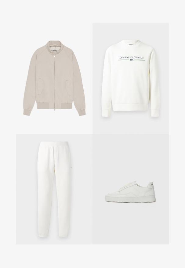 Beige bomberjakke med lynlås, ribbede manchetter og kant, samt to sidelommer. Glat stof med et minimalistisk design.; Hvid sweatshirt med rund halsudskæring, lange ærmer og ribbede manchetter. Fungerer med trykt "Armani Exchange 1991" logo i blå og grøn.; Grå bomulds T-shirt med diskret AX-logo mønster, rund halsudskæring, korte ærmer og en afslappet pasform. Glat tekstur med en let falmet stil.; Hvide sweatpants lavet af blødt stof, med elastisk talje, tapered ben og et lille logo på venstre side.; Hvide lædersneakers med en glat overflade, rund tå, flade snørebånd og en tekstureret sål. Har et diskret logo på hælen.
