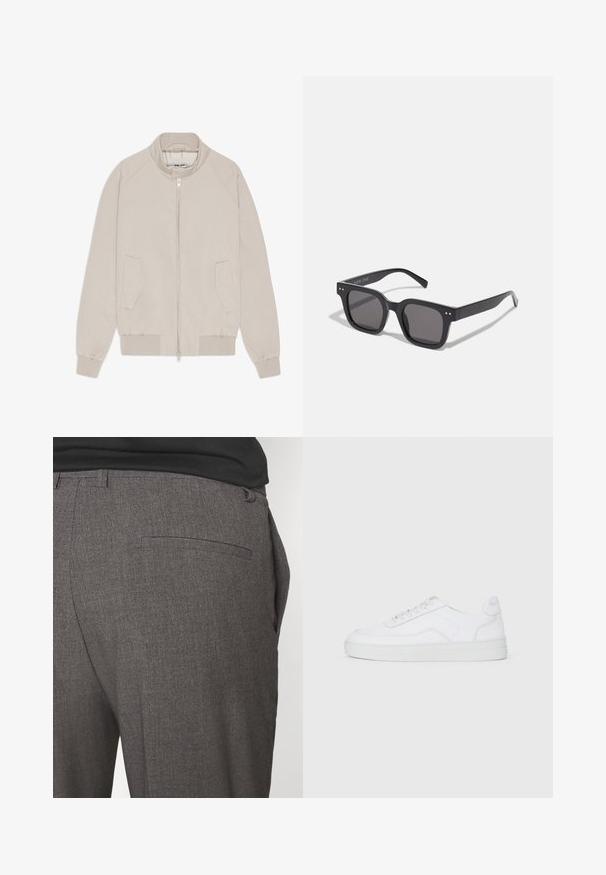 Beige bomberjack met ritssluiting, geribbelde manchetten en zoom, en twee zijzakken. Glad materiaal met een minimalistisch ontwerp.; Crème katoenmengsel trui met een geribbelde ronde hals, verlaagde schouders en geribbelde boorden en zoom. Zachte textuur met een ontspannen pasvorm.; Grijze op maat gemaakte broeken met een gladde textuur, voorzien van een enkele achterzak en een slim fit ontwerp. De stof heeft een subtiel patroon.; Witte lage sneakers met vetersluiting, gladde bovenkant en rubberen zool op een effen lichte achtergrond.; Zwarte rechthoekige zonnebril met donkere lenzen, voorzien van een dik montuur, subtiele accenten aan de zijkanten en zonder zichtbare logo's behalve de merknaam.; Canvas tote bag in lichtbeige met dubbele handvatten, voorzien van het "SAMSOE" logo in het wit gedrukt op de voorkant. Rechthoekige vorm met een eenvoudig ontwerp.