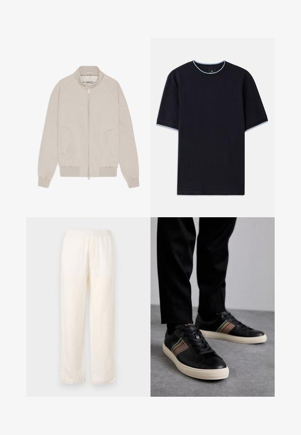 Beige bomberjakke med lynlås, ribbede manchetter og kant, samt to sidelommer. Glat stof med et minimalistisk design.; Mørkeblå kortærmet t-shirt med rund halsudskæring, udstyret med lys blå accent ved kraven og ærmerne. Lavet af blødt bomuldsstof.; Lettfede, cremefarvede bukser med elastisk talje, lige ben-design og subtil struktur. Har ingen synlige lommer.; Sorte lædersneakers med flerfarvede stribede accenter, rund tå og hvide gummisåler, med snørebånd og prægede branding.