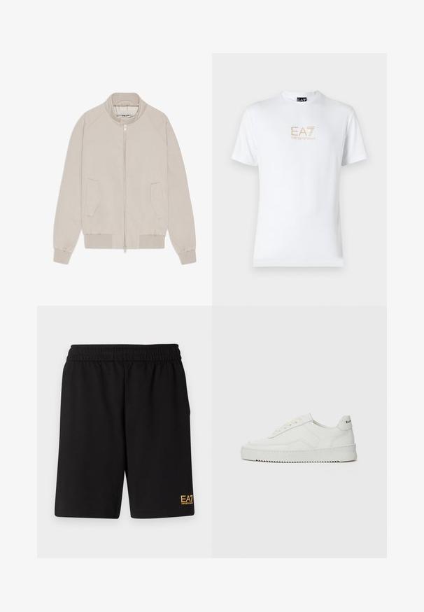 Giacca bomber beige con chiusura a zip, polsini e orlo a coste, e due tasche laterali. Tessuto liscio con un design minimalista.; T-shirt bianco in cotone con scollatura rotonda e maniche corte, con il logo oro EA7 Emporio Armani stampato sul fronte.; Pantaloni sportivi neri realizzati in tessuto morbido, con vita elastica e un piccolo logo EA7 giallo sulla parte bassa della gamba sinistra.; Sneaker in pelle bianca con una finitura liscia, punta rotonda, lacci piatti e suola testurizzata. Presenta un logo discreto sul tallone.