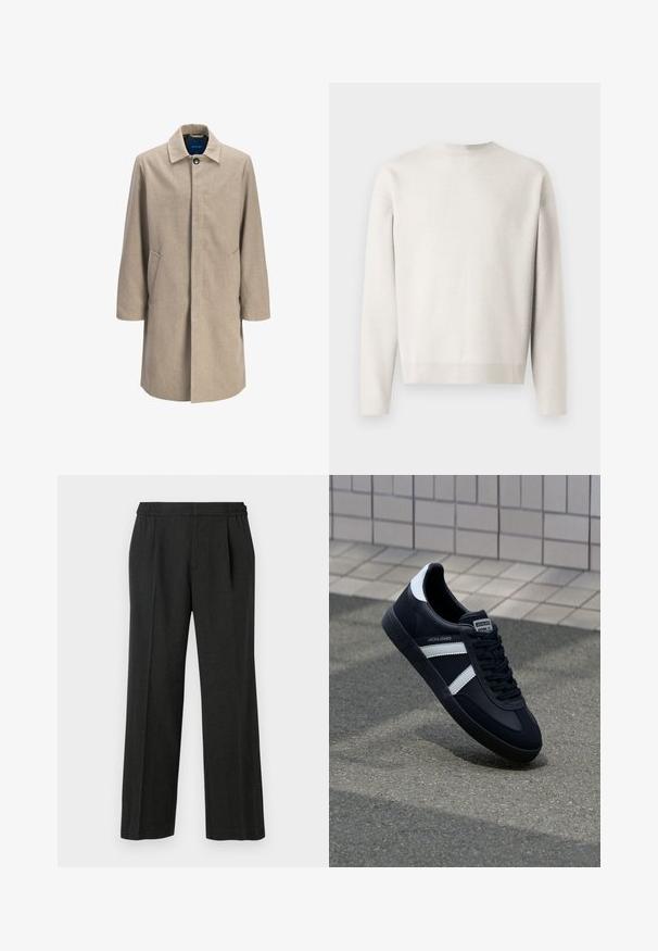 Beige wool blend coat with a straight cut, clasp closure, pointed collar, two side pockets, and minimalistic design, featuring no patterns.; Light gray knit sweater with long sleeves, a round neckline, and ribbed cuffs. Soft texture, relaxed fit, and no visible patterns.; Black wide-leg pants with an elastic waistband, pleated front, and smooth texture. No visible patterns or hardware details.; Black leather sneaker with white stripes, textured rubber sole, and lace-up front. Features a branded label on the tongue.