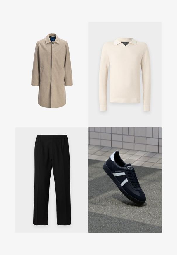 Beige Wollmischung-Mantel mit geradem Schnitt, Druckknopfverschluss, spitzem Kragen, zwei Seitentaschen und minimalistischem Design ohne Muster.; Strickpullover in hellem Beige mit einem kontrastierenden weißen Kragen, strukturiertem Muster sowie gerippten Bündchen und Saum.; Schwarze Hose aus einem glatten Stoff, mit einem elastischen Bund, geradem Bein und zwei Frontfalten für zusätzlichen Detail.; Schwarze Leder-Sneaker mit weißen Streifen, strukturiertem Gummisohle und Schnürung. Verfügt über ein Markenetikett auf der Zunge.