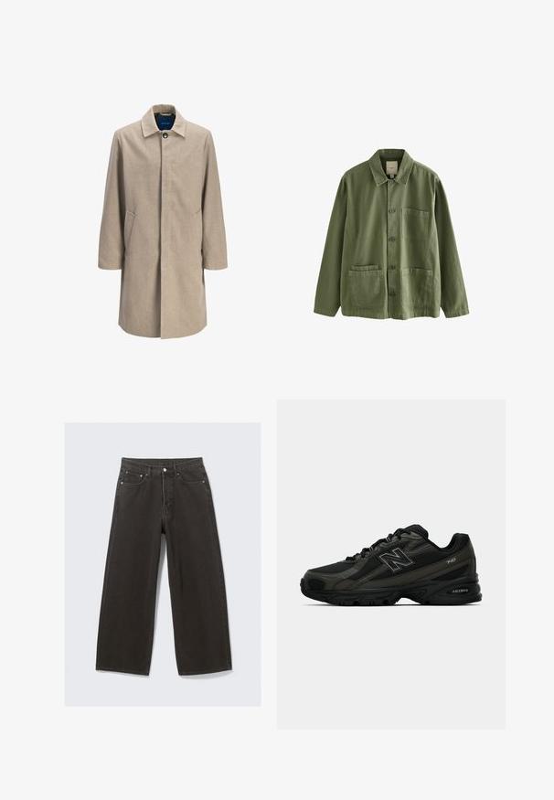 Bēša vilnas maisījuma mētelis ar taisnu griezumu, aizdari, norādītu apkakli, divām sānu kabatām un minimālisma dizainu, kas neietver nekādas rakstu.; Olive zaļa jaku no kokvilnas ar pogu priekšpusi, uzsistām apkaklēm un četriem kabatām. Iespējo relaksētu piegriezumu un mīkstu tekstūru.; Balts kokvilnas T-krekls ar īsām piedurknēm, apaļu kakla izgriezumu un brīvu piegriezumu. Gluda tekstūra, bez rakstiem vai akcentiem.; Plati melni džinsi ar augstu jostas daļu, piecu kabatu dizainu un pogu aizdari. Audums ir mīksts un ar teksturētu apdari.; Melnas sporta kurpes ar teksturētu sintētisko virsu, ar mīkstinātu zoli un izteiktu "N" logotipu sānos. Dizains ietver vieglo sieta sekcijas.