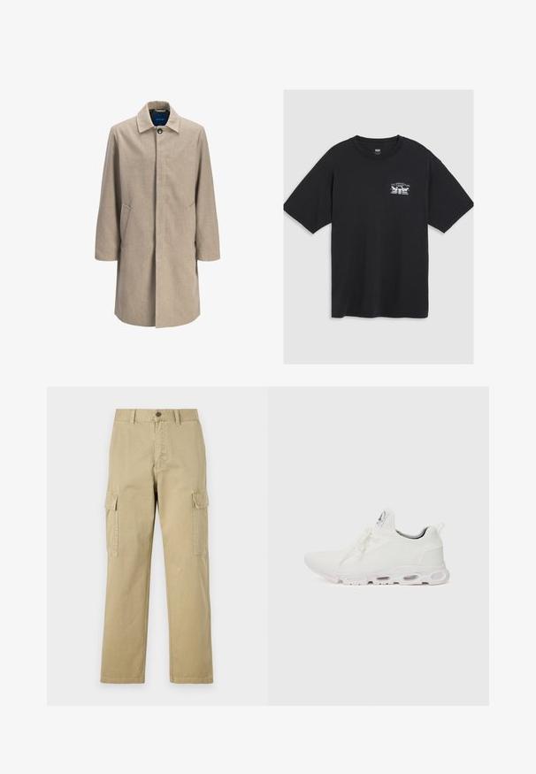 Bež villasegu müts sirge lõikega, lukuga kinnitusega, terava kraega, kahe küljetaskuga ning minimalistliku disainiga, millel pole mustreid.; Must must t-särk lühikeste varrukatega, ümar kaelus ning rinnal väike valge graafiline trükis, mis sisaldab stiliseeritud disaini.; Beige cargos, mis on valmistatud puuvillast, sisaldavad kahte küljetaskut, nööbiga sulgemist ja sirgeid jalgu, millel on kergelt tekstureeritud kangas.; Valged sportijalatsid, millel on tekstuuriga kudum peal, lame paelad ja pehmendatud tallad nähtavate õhukambritega täiendava toe jaoks.