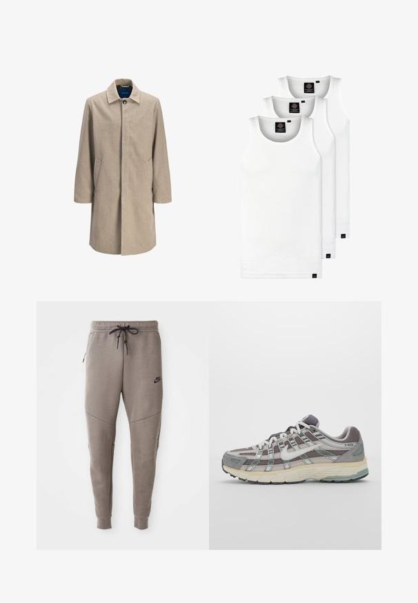 Béžový kabát z vlněné směsi se rovný střih, zapínání na klips, špičatý límec, dvě boční kapsy a minimalistický design, bez vzorů.; Tři bílé žebrované tílka vyrobené z bavlny. Mají kulatý výstřih a malé černé štítky poblíž lemu. Dostupné v několika velikostech.; Šedé Nike tepláky s elastickým pasem na šňůrku, zúženými nohavicemi, bočními kapsami a charakteristickým švem. Měkká, strukturovaná tkanina.; Šedá sportovní obuv s vrchní částí z mikrovlákna a semiše, bílými akcenty, polstrovanou podrážkou a jedinečným designem s reflexními prvky.