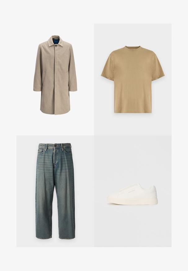 Beige wool blend coat with a straight cut, clasp closure, pointed collar, two side pockets, and minimalistic design, featuring no patterns.; Khaki short-sleeve T-shirt made of soft fabric, featuring a round neckline and a relaxed fit. No patterns or graphics are visible.; Light blue denim jeans with a loose fit, mid-rise waist, and straight legs. Features five pockets, belt loops, and a button closure.; White slip-on sneakers with a textured surface, a thick sole, and minimalistic design. Features brand logo on the side.