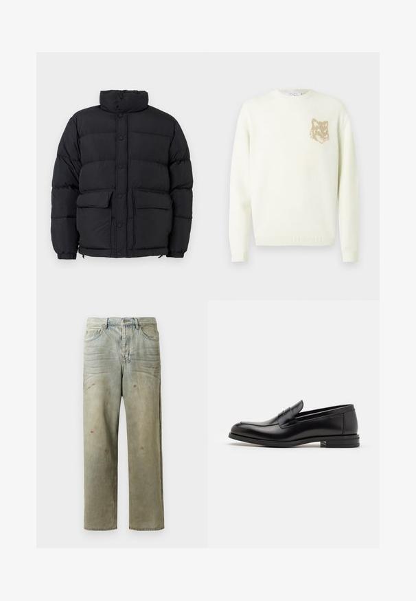 Melnas, pusaudžu pūšļa jaka ar augstu apkakli, pogu aizdari priekšpusē, divām priekšējām kabatām ar atloku un elastīgām aprocēm.; Kremkrāsas džemperis ar garām piedurknēm un mazu beigu brūnu lāču galvas grafiku kreisajā krūtīs, ribotām piedurknēm un apakšmalu.; Melna īsām piedurknēm T-krekls ar apļa izgriezumu un nelielu izšūtu oranžu lapsas logo kreisajā krūtīs.; Izsistās džinsās gaisā zaļā krāsā, ar taisnu kāju, piecu kabatu dizainu un nevienmērīgu izbalēšanu, kā arī krāsas šļakatas.; Melnas ādas kurpes ar gludu tekstūru, noapaļu purngalu un dekoratīvu siksniņu pāri priekšpusei. Zems sakrauts papēdis, minimālisma dizains.