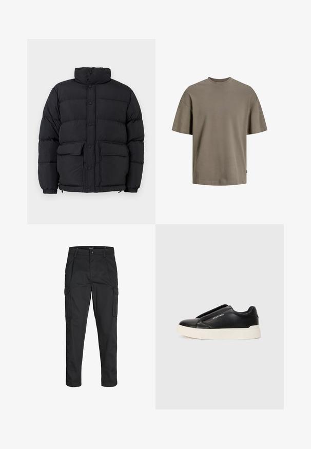 Juodas pūkuotas puffer tipo švarkas su aukštu color, spaudžių mygtukų uždarymu, dviem priekinėmis kišenėmis su sklende ir elastingomis rankogaliais.; Medvilninis marškinėliai muted olivine žalia; turi apvalų kaklą, trumpas rankoves ir laisvą siluetą su minimaliu siuvimo detalių.; Juodi krovinių tipo džinsai, pagaminti iš tvirto audinio, su keliais kišeniais, mygtuko uždarymu ir siauru, prigludusiu dizainu su siaurėjančiomis kojomis.; Juodi slip-on sportbačiai su tekstūruota odos viršutine dalimi, balta gumine padai ir be matomų raištelių. Šone yra prekės ženklo logotipas.