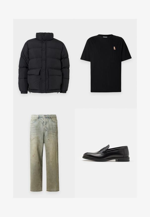 Černá prošívaná bunda s vysokým límcem, vpředu na patentky, se dvěma předními kapsami na klopu a elastickými manžetami.; Černé tričko s krátkým rukávem a kulatým výstřihem s malým výšivkou oranžového lišáka na levé straně hrudi.; Odstřižené džíny v světle zelené barvě, se rovnými nohavicemi, pěti kapsami a nerovnoměrným vyblednutím s barevnými skvrnami.; Černé kožené polobotky s hladkou texturou, zaoblenou špičkou a zdobným páskem přes nárt. Nízký stohovaný podpatek, minimalistický design.