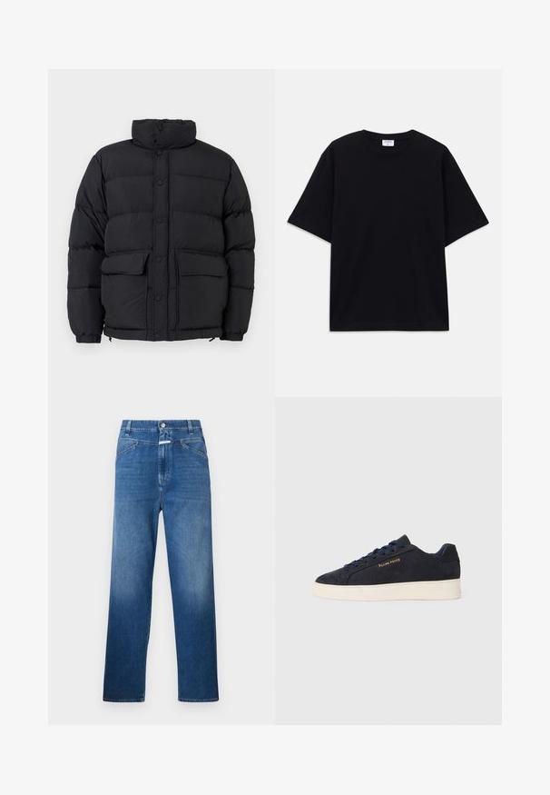 Zwarte gewatteerde pufferjack met hoge kraag, drukknopen aan de voorkant, twee voorzakken met klep en elastische manchetten.; Zwarte oversized T-shirt met korte mouwen en ronde hals, met zichtbaar Filippa K merkelabel aan de binnenkant van de kraag.; Blauwe denim jeans met een rechte pijp, voorzien van een knoopsluiting, riemlussen en subtiele vervaging op de bovenbenen.; Navyblauwe suède lage sneakers met een witte zool, navy veters en het 'Filling Pieces' logo in goud op de zijkant.