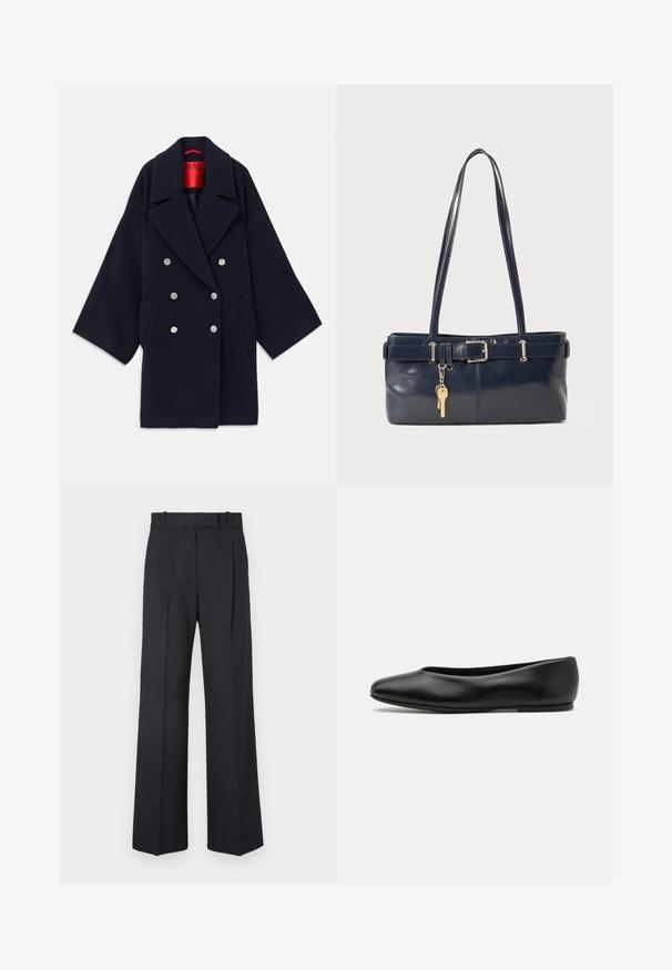 Marineblauwe dubbelbreasted jas van wol, met een brede revers, twee voorzakken en zilverkleurige knopen, met een rode merkinterieur.; Donkerblauwe trui met een ronde halslijn, lange raglanmouwen, geribbelde manchetten en een rechte zoom. Gemaakt van een zachte, gestructureerde breimateriaal.; Donkerblauwe pinstriped broek met een hoge taille, wijde pijpen en zonder zichtbare hardware of versieringen. Glad textuur en nauwkeurige pasvorm.; Paul Smith TOPANGA - Ballerina's - black; Marine leren handtas met twee lange hengsels, een gespdetail en een sleutelhanger eraan bevestigd. Heeft een gladde textuur en een rechthoekige vorm.