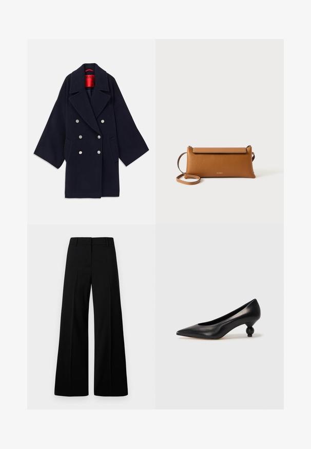 Námornícky dvakrát zapínaný kabát vyrobený z vlny, s širokým límcom, dvoma prednými vreckami a striebornými gombíkmi, s červeným interiérom so značkou.; Čierny rolák z mäkkej tkaniny. Má dlhé rukávy, vysoký golier a rebrované manžety a lem pre priliehavý vzhľad.; Čierne široké nohavice s hladkou textúrou, štruktúrovaným pásom a prednými záhybmi. Minimalistický dizajn bez viditeľného kovania.; Čierna kožená vysoká topánka na podpätku s ostrým špičkou a okrúhlym, guľatým podpätkom. Hladký povrch s moderným, minimalistickým dizajnom.; Hnedá kožená kabelka na clutch, obdĺžnikový tvar, textúrovaný povrch, odnímateľný popruh, zipsové zatváranie, decentné logo embosované na prednej strane.