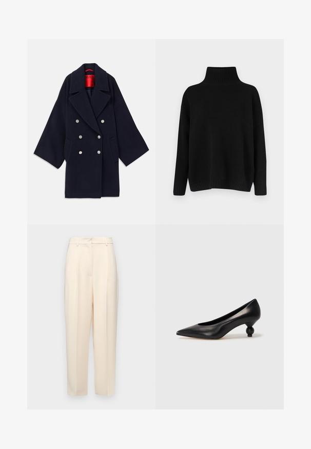 Tume sinise värvi kahekordse voodriga villane mantel, millel on lai krae, kaks eesmist taskut ja hõbedased nupud, punase bränditud sisevoodriga.; Mustast riidest kudumiga kampsun, millel on kõrge soonikuga krae, allapoole langetatud õlad ja lõdvestunud lõige. Omadusena soonikuga mansetid ja alumine ääreosa, mis lisavad tekstuuri.; Beežid kohandatud püksid otse lõikega, ees volditud, siledast tekstuurist ja keskmise kõrgusega vöökoht. Nähtavaid taskuid ei ole.; Must musta kõrge kontsaga king, millel on terav nina ja ümar, pallikujuline konts. Sile pind ja elegantne, minimalistlik disain.