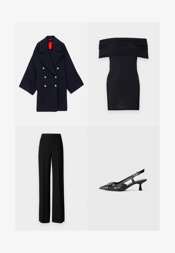Navy krāsas divrindu mētelis, kas izgatavots no vilnas, ar plašu apkakli, divām priekšējām kabatām un sudraba toņu pogām, ar sarkanu zīmola iekšpusi.; Melnā kleita bez pleciem ar saplacinātu apkakli, šaura piegriezuma un gluda tekstūra. Minimalistisks dizains, ceļgala garumā, bez papildus rotājumiem.; Melni platleği bikses ar gludu tekstūru, ar augstu jostasvietu un centrālajām krokām. Nav redzamu rakstu vai aparatūras detaļu.; Melnas ādas šlipsveida kurpes ar norādītu purngalu, dekoratīvām joslām ar metāla acīm un zemu bloku papēdi. Teksturēta virsma.