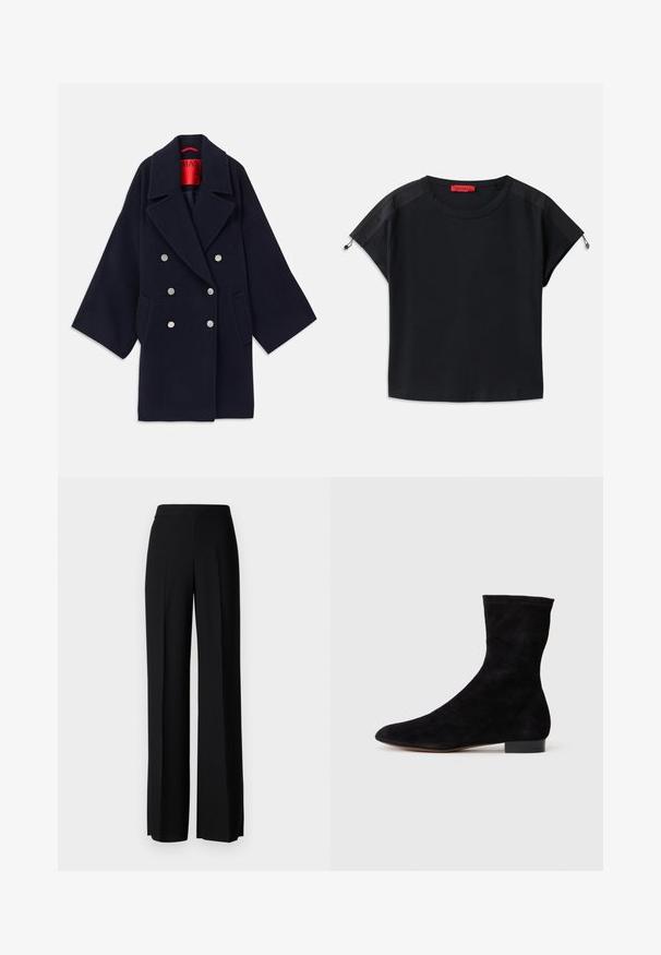 Palton bleumarin, cu două rânduri de nasturi, confecționat din lână, având revere largi, două buzunare frontale și nasturi de culoare argintie, cu un interior roșu personalizat.; Tricou scurt negru cu guler rotund. Are un material moale, cu panouri din satin pe umeri și detalii cu șnur la mâneci.; Pantaloni negri cu picioare largi, cu o textură netedă, având o talie înaltă și pliseuri centrale. Fără modele vizibile sau detalii de hardware.; Cizme scurte din suede negre, cu un știft ajustat, vârful ascuțit și un toc mic, pătrat. Textură netedă și design minimalist, potrivite pentru un stil versatil.