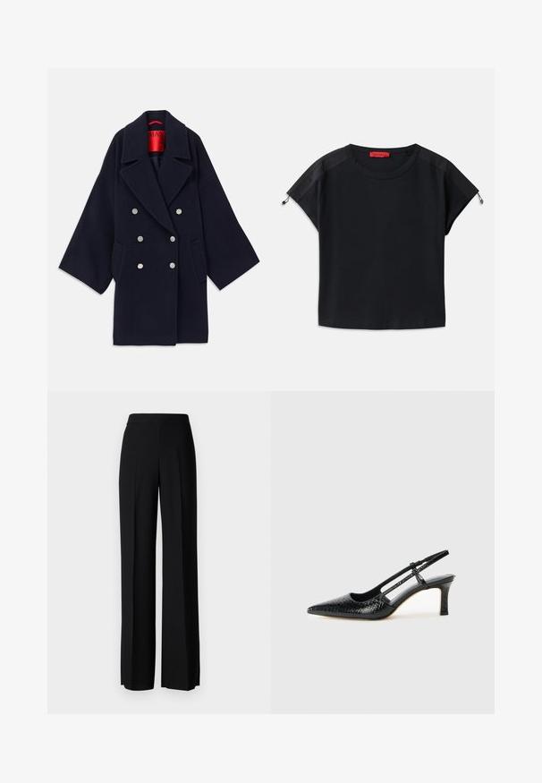 Sötétkék, dupla soros gyapjútakár, széles hajtókkal, két elülső zsebbel és ezüstszínű gombokkal, piros márkajelzésű béléssel.; Fekete, rövid fazonú póló kerek nyakkal. Puha anyagból készült, vállán selyem panelokkal és zsinóros részletekkel az ujjaknál.; Fekete, széles szárú nadrág sima tapintással, magas derékkal és középen pliszével. Nincsenek látható minták vagy fém részletek.; Fekete lakk slingback sarok, hegyes orral, texturált kígyómintával, állítható pánttal és rövid, texturált tömbsarkal.