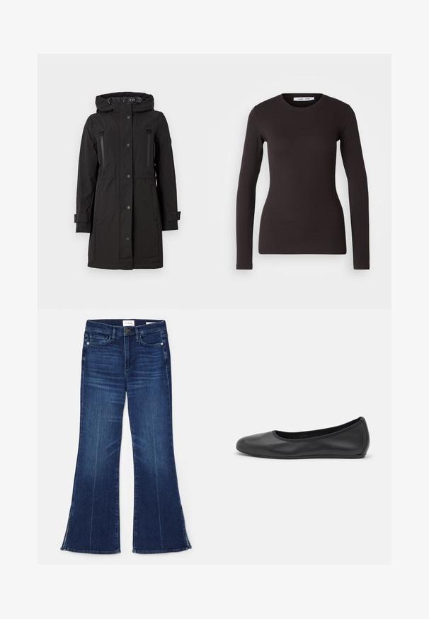 MICHAEL Michael Kors HOODED JACKET - Parka - black; Ilga rankovė juoda palaidinė, pagaminta iš minkštos, tamprios medžiagos. Ji turi apvalią iškirptę ir liesą siluetą, su lygiu paviršiumi ir jokių matomų raštų.; Tamsiai mėlynos flare tipo džinsai, pagaminti iš džinsinio audinio. Su aukštu liemeniu, priekinėmis kišenėmis ir skeltukais hem'e. Klasikinis penkių kišenėlių dizainas.; Juodai odiniai baletai su apvaliu pirštu, lygi texture, minimalus siuvimo detales ir lanksčiu padų dizainu.