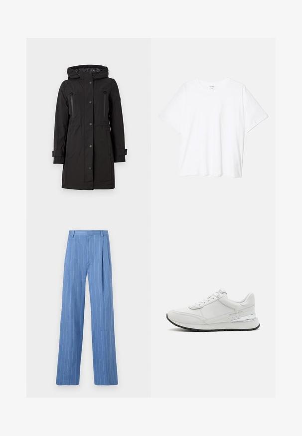 MICHAEL Michael Kors HOODED JACKET  - Parka - black; Camiseta de algodón blanca con mangas cortas, escote redondo, corte relajado y dobladillo cosido. Etiqueta visible en el interior del cuello.; Pantalones de pierna ancha azul claro con rayas verticales blancas. Hechos de un material suave, con un pliegue frontal y un diseño de cinturilla limpia.; Zapatilla deportiva blanca con parte superior sintética, diseño de cordones, cuello acolchado, acento plateado en el talón y suela de goma negra para tracción.