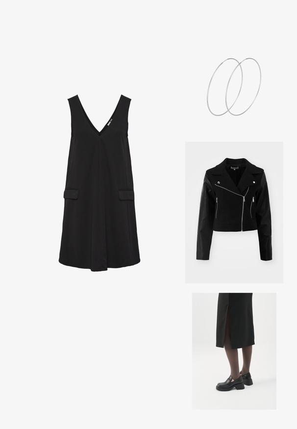 Czarna krótka kurtka z wełnianym korpusem i skórzanymi rękawami. Posiada wykładany kołnierz, srebrne zapięcia na zamek błyskawiczny oraz dwie przednie kieszenie na zamek.; Czarna sukienka bez rękawów z dekoltem w serek, z przednimi kieszeniami i sylwetką w kształcie litery A.; Czarne skórzane buty z okrągłym noskiem, grubym blokowym obcasem i elastycznymi akcentami po bokach, zestawione z ciemnymi rajstopami i czarną spódnicą z rozcięciem.; Srebrne kolczyki w formie obręczy o minimalistycznym designie. Okrągły kształt, gładka faktura i cienki profil. Lekkie, z polerowanym wykończeniem.