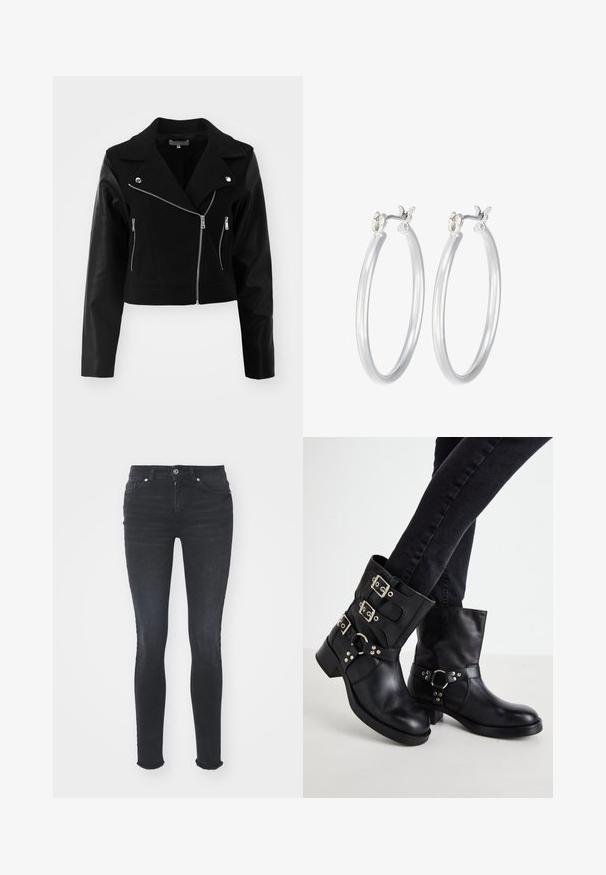 Juodas trumpas švarkas su vilnos kūnu ir odinėmis rankovėmis. Yra įpjautas apykaklės dizainas, sidabriniai užtrauktukai ir du priekiniai užtrauktukais uždaromi kišenės.; Juodas ilgomis rankovėmis bodis su aukštu kaklu, turintis tvirto audinio torso ir permatomų tinklinių rankovių, sukurtas prigludusio silueto.; Juodos džinsinės liesos kelnės su vidutinio aukščio liemeniu, penkiomis kišenėmis ir suplėšytu galiuku. Audinys turi lygų tekstūrą su nedideliu tamprumu.; Juodos odinės kulkšninės botai su trimis užsegimais, apvalia nosimi ir žemu bloku padais. Dizainas apima lygius ir tekstūrinius panelius.; Sidabriniai auskarai su sklandžiu, poliruotu paviršiumi. Apvalios formos ir saugus uždarymo mechanizmas. Lengvas dizainas, tinkantis kasdieniam dėvėjimui.