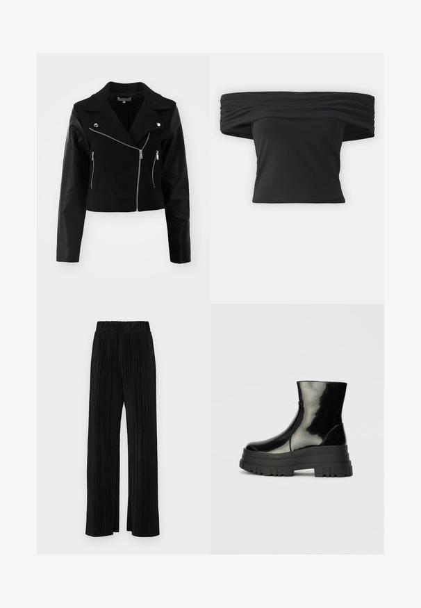 Chaqueta corta negra con cuerpo de lana y mangas de cuero. Cuenta con un cuello con muescas, cierres de cremallera plateados y dos bolsillos frontales con cremallera.; Top negro sin mangas con textura recogida en el escote, mangas cortas y un diseño ajustado y crop. Confeccionado en material elástico.; Pantalones negros de pliegues con una cintura elástica. Presentan piernas anchas y una tela suave y texturada con rayas verticales.; Botín negro brillante hasta el tobillo con suela gruesa y redondeada, vista lateral sobre un fondo gris claro liso.