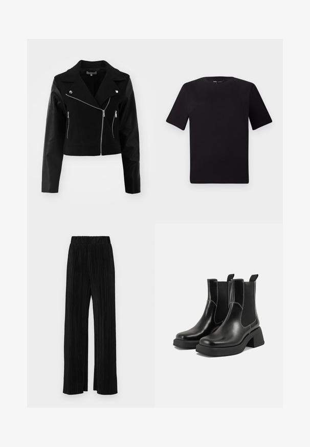 Casaco curto preto com corpo de lã e mangas de couro. Apresenta um colarinho dentado, fechos de zíper em prata e dois bolsos frontais com zíper.; T-shirt preta de mangas curtas com decote redondo, feita de tecido de algodão suave. Design simples, sem logótipos ou padrões visíveis.; Calças pregueadas pretas com uma cintura elástica. Apresentam pernas largas e um tecido liso, texturizado com riscas verticais.; Botas Chelsea em couro preto com um salto grosso, painéis laterais elásticos e costura branca em contraste. Acabamento texturizado.