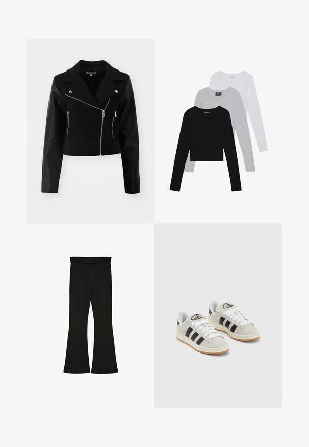 Black cropped jacket with wool body and leather sleeves. Features a notched collar, silver zipper closures, and two front zip pockets.; Three long-sleeve tops stacked: black, grey, and white. Each has a round neckline and a cropped design with smooth, lightweight fabric.; Black flare leggings made from stretchy fabric. Features a wide waistband and a smooth texture, with a fitted silhouette that flares at the hem.; Gray suede sneakers with white laces, black stripes, and a white rubber sole. Features a circular logo on the tongue and a gum sole.
