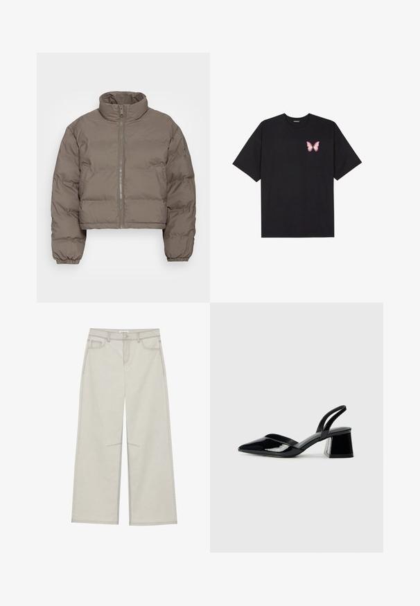 Weekday PROMIS SHORT PUFFER JACKET - Casaco de inverno - dark khaki; T-shirt de algodão preto com mangas curtas, apresentando um pequeno gráfico de borboleta rosa no lado esquerdo do peito. Design de gola redonda com um corte solto.; Calças largas de um cinza claro com cinco bolsos, fecho frontal com botão e costuras em contraste ao longo das emendas. O tecido parece suave e durável.; Sandy em verniz preto com salto slingback, ponta afilada e salto geométrico. Apresenta um design elegante e minimalista com textura suave.