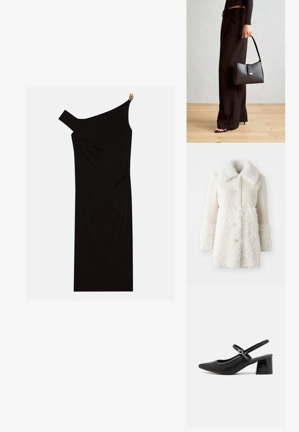 Weißer, pelziger Mantel mit einer strukturierten Stoffoberfläche, großem Kragen und Knopfverschlüssen. Der Körper hat eine glatte Oberfläche mit kontrastierenden Akzenten.; Schwarzes einseitiges Kleid aus drapiertem Stoff mit einem goldenen Akzent an der Schulter, glatter Textur und knielangem Design.; Schwarze Lackleder-Slingback-Absätze mit spitzer Zehenform, einem runden Ausschnitt-Design und einem Blockabsatz. Mit einem goldfarbenen Schnallenakzent.; Schwarze Handtasche mit strukturierter Form, glatter Textur und einem metallischen Verschluss. Kombiniert mit weiten schwarzen Hosen und offenen Sandalen auf einem Holzboden.