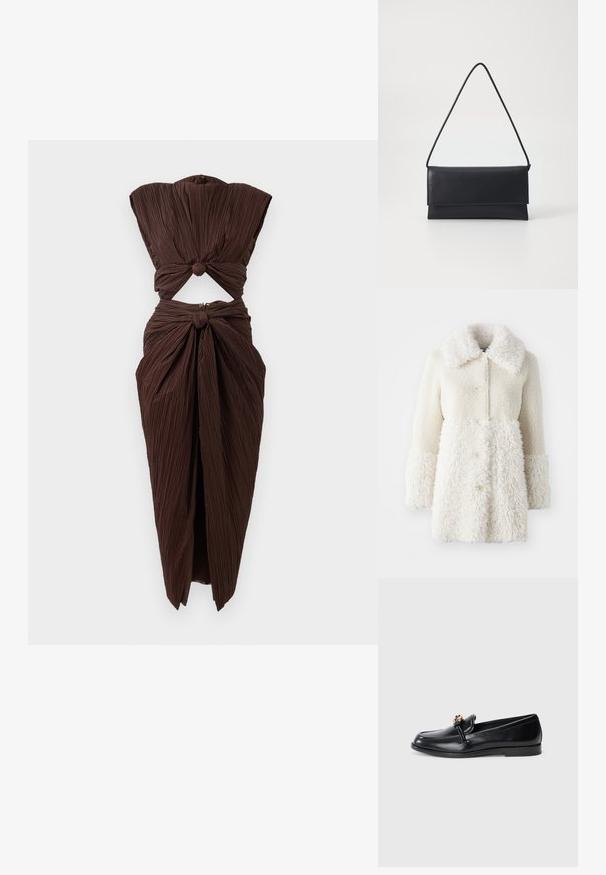 Fehér szőrgolyó kabát, texturált anyaggal, nagy gallérral és gombos záródással. A kabát teste sima felületű, kontrasztos részletekkel.; Barna redőzött ruha, amely deréknál kivágott résszel rendelkezik, a vállaknál és az alsó deréknál kötött részlettel, strukturált sziluettel.; Fekete bőr loafer sima felülettel, elülső dekoratív aranyszínű fémrészlettel. Alacsony profilú kialakítás és kerek orr.; Loeffler Randall CHARLEE FLAP  - Alkalmi kézitáska - black