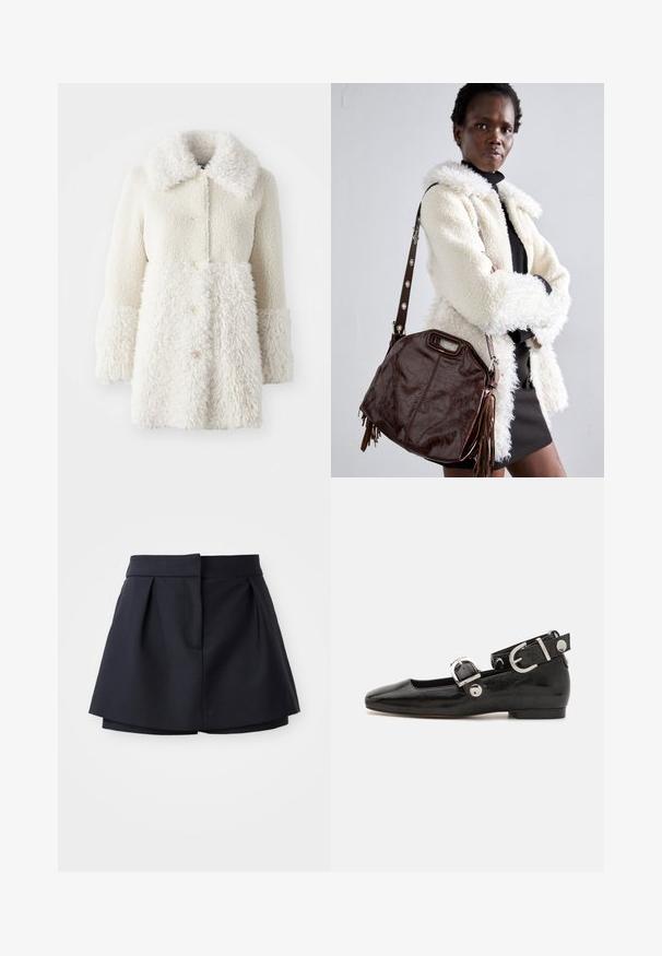 Witte bontachtige jas met een textuurstof, grote kraag en knoopsluitingen. Het lichaam heeft een gladde afwerking, met contrasterende accenten.; Marineblauwe geribbelde polo met een puntige kraag, korte mouwen en twee voorzakken met drukknoopsluiting; afgewerkt met witte stiksels accentueert.; Marineblauwe geplooide shorts met een hoge taille, gemaakt van een soepele stof. Heeft een getailleerd ontwerp en een verborgen voorkeurszak.; Zwarte gepatineerde leren platte schoen met een vierkante neus, enkelband met zilverkleurige hardware en platte zool. Gladde textuur met minimalistisch ontwerp.; Bruine leren handtas met een gestructureerde afwerking, geplooide randen en zijtassels; voorzien van een afneembare schouderband met metalen accenten.