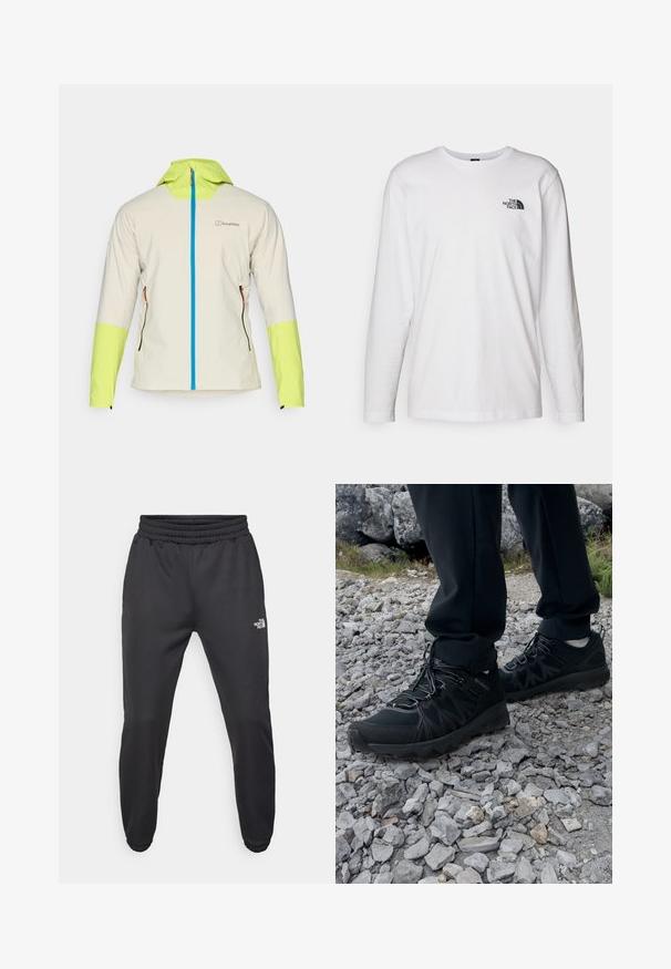 Lekka kurtka z kremowym korpusem, jasnzielonymi rękawami i niebieskim zamkiem błyskawicznym. Posiada dwie boczne kieszenie na zamek i kaptur.; Biała koszulka z długim rękawem wykonana z bawełny, z okrągłym dekoltem. Posiada małe czarne logo na piersi. Gładka faktura, regularny krój.; Czarne dresy z elastycznym paskiem w talii, zwężanym krojem, elastycznymi mankietami i małym białym logo na lewej udzie, wykonane z gładkiego materiału.; Czarne buty outdoorowe wykonane z siateczki i materiału syntetycznego, z fakturowaną cholewką, zabezpieczonym systemem sznurowania i solidną podeszwą, na skalistym terenie.