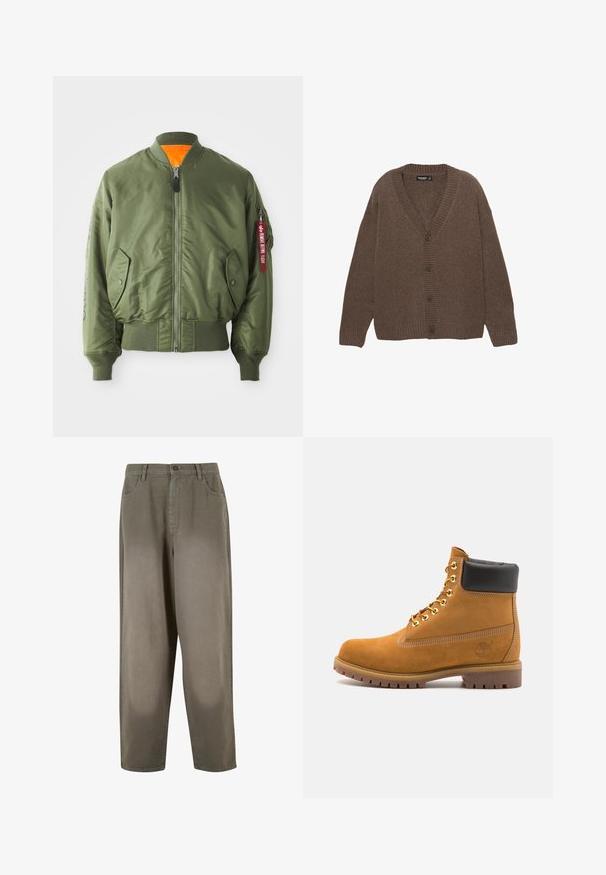 Olijfgroene bomberjack met een rits aan de voorkant, ribgebreide manchetten en zoom, zijzakken en een oranje voering. Kenmerkt zich door een rode labeldetail op de mouw.; Bruine gebreide cardigan met een V-hals, geribbelde manchetten en onderzoom, en vijf grote knopen aan de voorkant. Zachte textuur met een relaxte pasvorm.; Witte spiergetailleerde t-shirt van katoen. Ronde hals, korte mouwen, gladde textuur. Klein zwart logo-label aan de zoom. Eenvoudig ontwerp.; Lichtgroene, wijde broek van zacht materiaal. Voorzien van een knoopsluiting, voorzakken en een overall gladde textuur.; Tan suède enkelboot met zwart gevoerd kraagje, gouden metalen oogjes, witte stikdetails en een robuuste rubberen zool met uitgesproken profiel.
